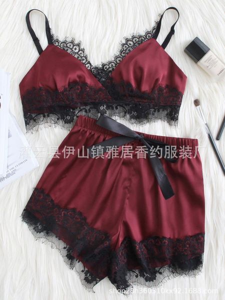 

lingerie robes de femmes langerie peignoir pyjama femme women's sleepwear underwear perspectiv summer short sleeve capris lace skirt, Black;red
