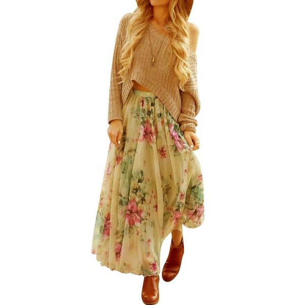

2018 new women's fashion chiffon ankle-length print pleated natural long maxi boho party beach elastic waist skirt 30apr 2, Black