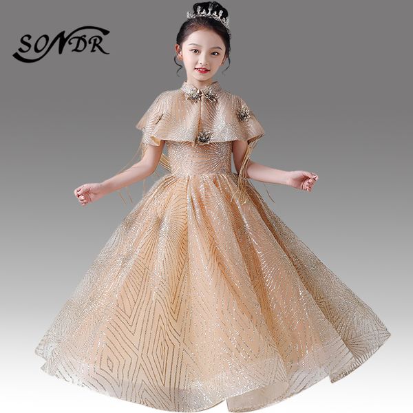 

shining glitter flower girl dresses ht164 elegant gold girls pageant gown with shawl appliques flower girl dresses for weddings, Red;yellow