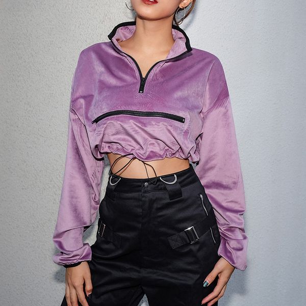

woman hoodie women clothing cropped velvet turtleneck sweatshirt women zipper long sleeve pullover hoodies streetwear autumn crop top, Black