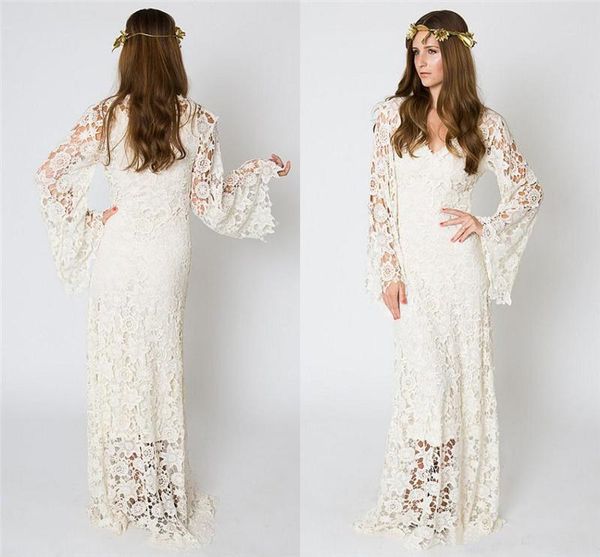 Discount Vintage Bohemian Beach Wedding Dress Bell Sleeve Lace Crochet Hippie Wedding Dress Floor Length Boho Bridal Gowns Elegant Wedding Dresses