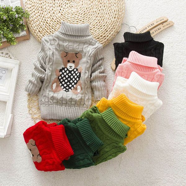 

2019 autumn winter infant toddler kids baby girl boy bear print high collar pullovers turtleneck warm knit crochet sweater, Blue
