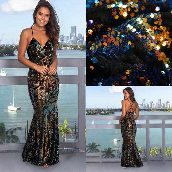 

2020 new sequins evening dresses long elegant v-neck criss-cross back womens formal gown mermaid banquet prom party dress, Black;red
