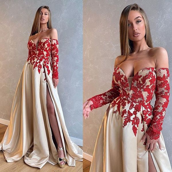 

2020 fashion prom dresses lace appliques high side split evening gowns custom made long sleeve floor length plus size formal party dress, Black