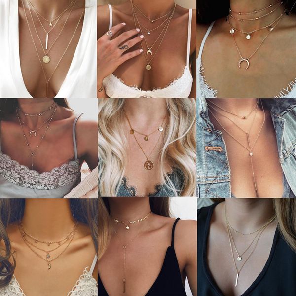 

bohemian necklace for women fashion gold color multiple layers pendant tassel moon circle long necklace boho jewelry link chain, Silver