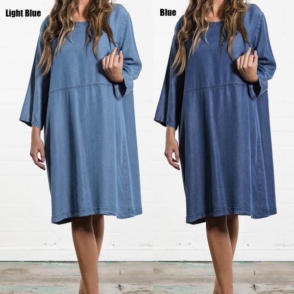 

casual dresses celmia oversized denim dress 2021 spring women vintage knee-length loose 3/4 sleeve shirt vestidos mujer plus size, Black;gray