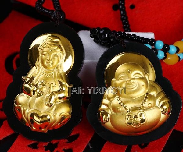 

wonderful natural black green hetian jade + 18k gold chinese guanyin buddha amulet lucky pendant + necklace fine jewelry, Silver