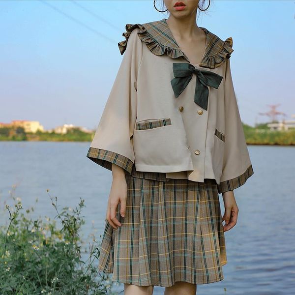 

harajuku two piece set long sleeve shirts & high waist plaid skirts ropa mujer summer clothes for women skirt sets quality, White