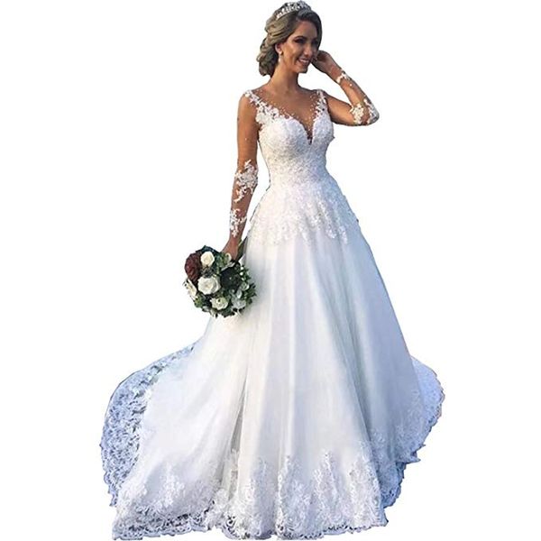

wangyandress jewel sheer neck a-line wedding dresses illusion long sleeves backless lace appliques beaded bridal gowns, White