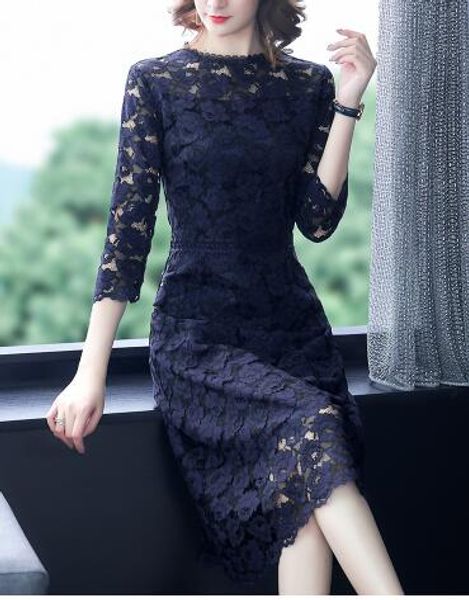 

autumn new women's simple slim lace elegant waist a-line dress, Black;gray