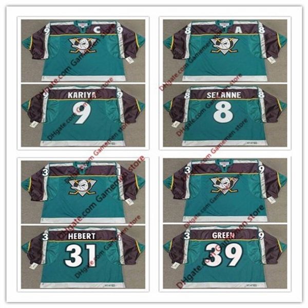 

men's 31 guy hebert anaheim mighty ducks 8 teemu selanne 9 paul kariya 39 travis green 1998 ccm retro alternate ice hockey jersey, Black;red