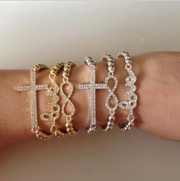 

new gold silver plated sideways sideway crystal rhinestone love cross bead bracelet bracelet bangles 10 pcs lot zy3, Golden;silver