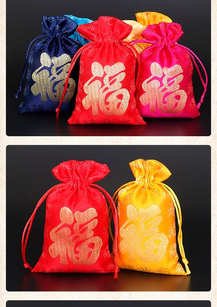 Barato chinês Fu Silk Drawstring Bags pequeno Brocade Jóias Bolsa Wedding Party Joyous sacos do favor de doces do presente Embalagem 50pcs Bag / lot