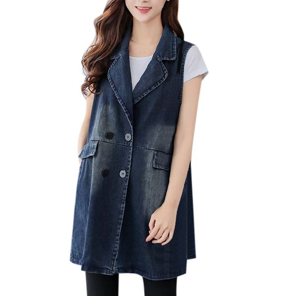 

plus size denim vests jacket women casual waistcoat sleeveless long button pocket vest female streetwear denim vest coat 3xl @30, Black;white