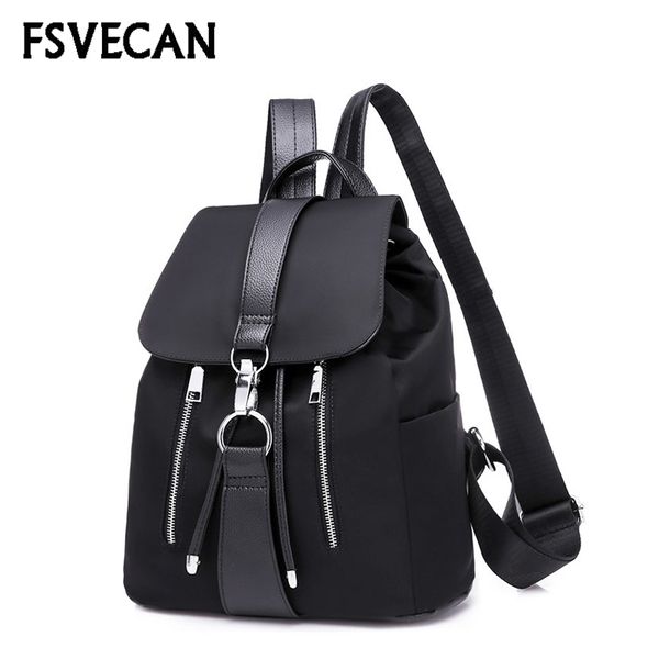 

new 2019 nylon women backpack female fashion travel waterproof patchwork leather bag black school backpacks teenager for girls