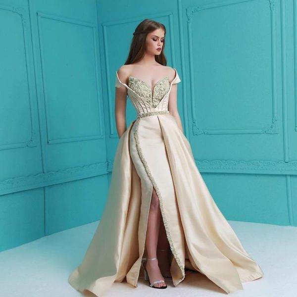 

2020 arabic бисером милая пром платья overskirt новые плеча sexy side split русалка вечерние платья платье партии платье de festa, Black