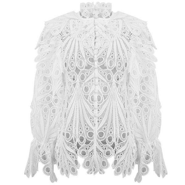 

designer runway women lace embroidery blouse 2019 autumn brand same style fashion hollow out stand collar frilled hem party events shirts, White