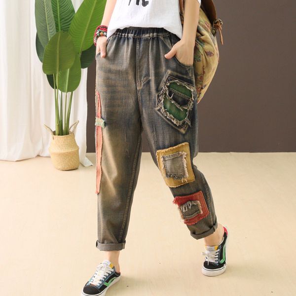 

autumn spring ladies jeans retro elastic waist loose denim cotton pants streetwear patchwork female casual trousers 2019, Blue
