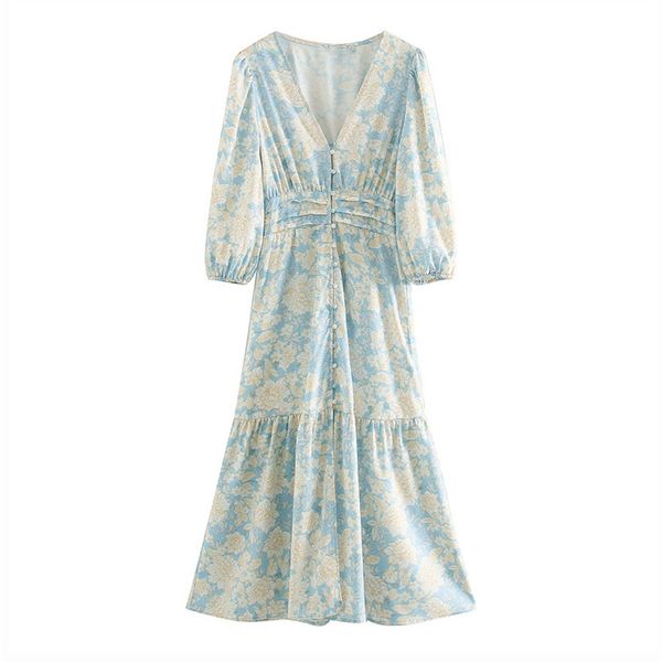 

casual dresses vintage floral pattern print midi dress v neck short sleeve female 2021 straight vestidos, Black;gray