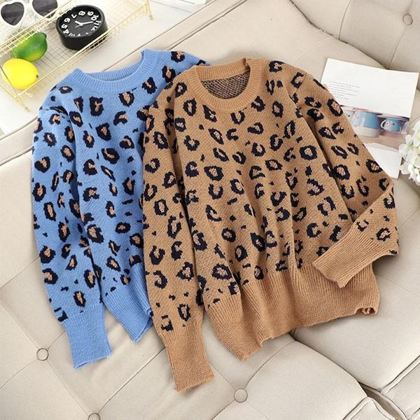 

o-neck leopard long sleeve women 's sweater short lady 2020 spring loose fluffy sweater casual pullovers, White;black