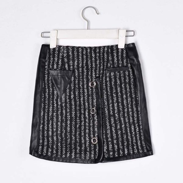 

мода осень зима женщины мини-юбка вата вязаная с pu карманный украшение толстые теплые полосатые юбка одежда женская, Black