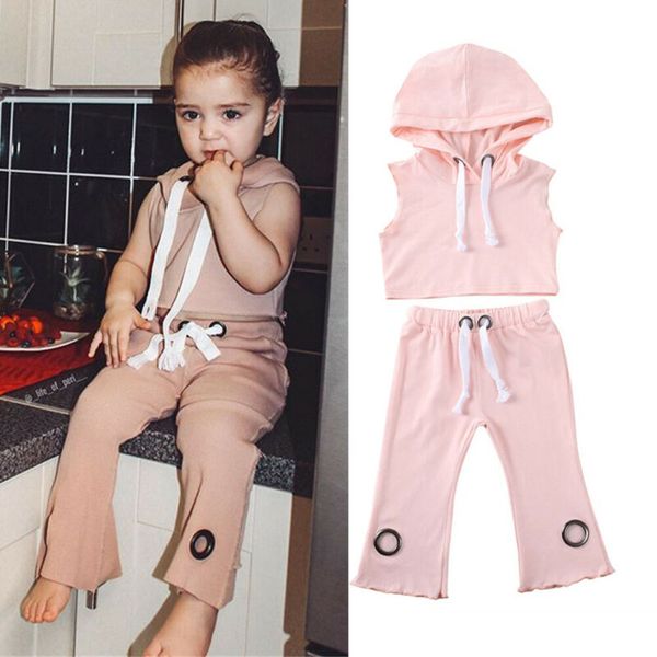 

toddler kid baby girl hooded sweatshirt sleeveless long pants trousers solid clothes set outfits, White