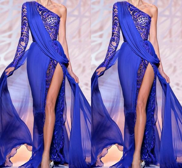 

zuhair murad 2019 royal blue вечерние платья одно плечо sheer royal blue high side щелевая lace кристалл пром платья формальные платье, Black;red