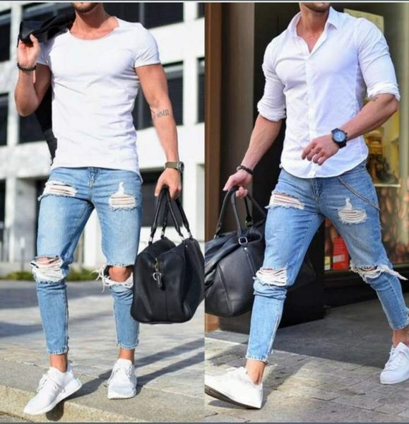 

light blue ripped jeans for men luxury designer mens knee hole jeans western long denim pants solid color slim long pencil pants gift s-3xl