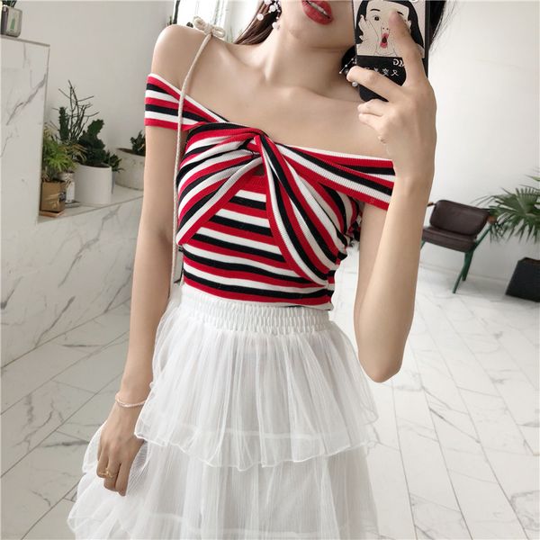 

new summer style women's clothing fashion shoulder sleeveless striped strapless knitted female tank vest thin sweaters, Black;white