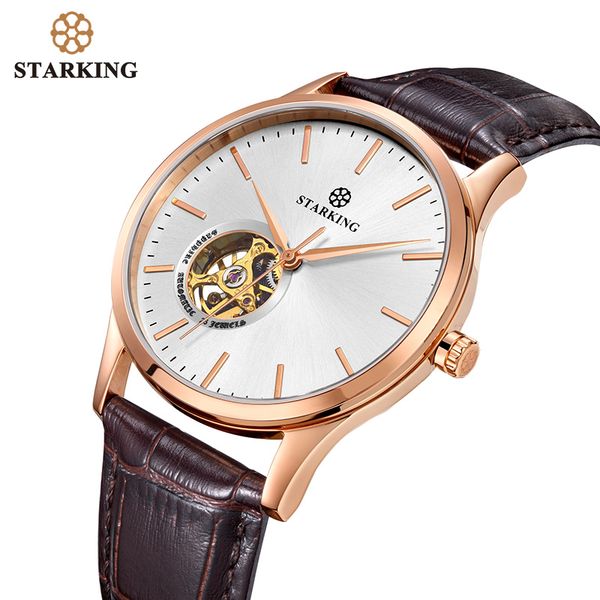

starking mechanical watch men automatic self-wind movt skeleton gold stainless steel male wristwatch sapphire men watch 5atm, Slivery;brown