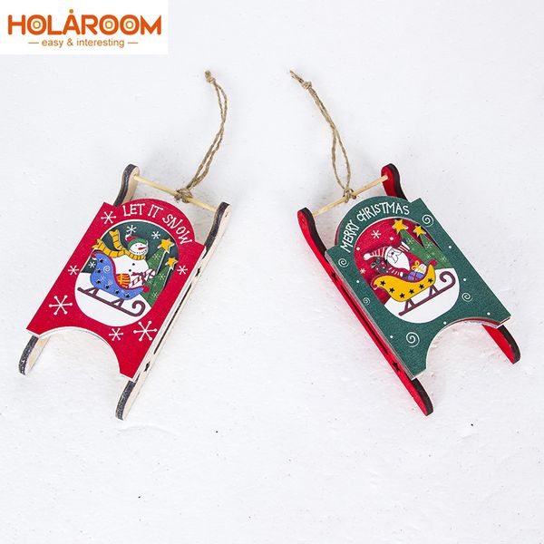 

1pcs christmas sleigh ornaments christmas tree wooden pendant santa claus snowman decoration pendant for home new year gift