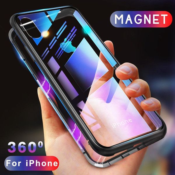 

metal frame magnetic adsorption tempered glass phone case for iphone x xr xs max 8 7 6 samsung s8 s9 plus note 9
