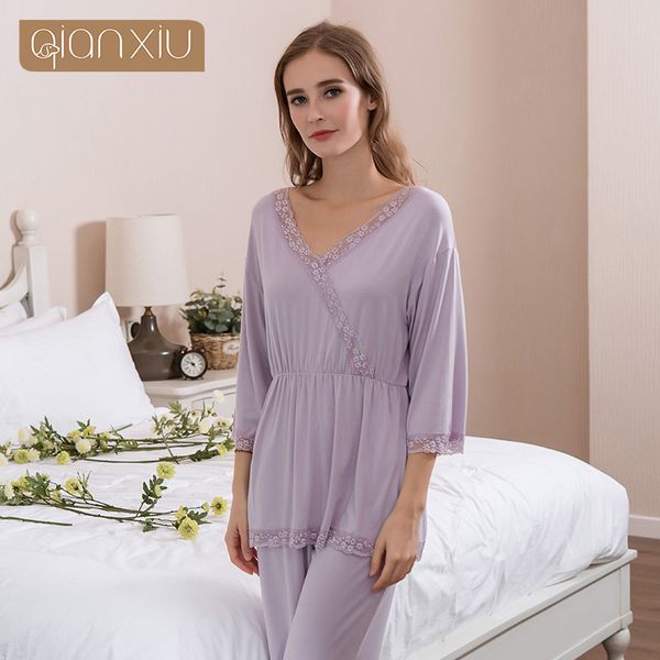 

2018 autumn plus size pyjamas men sweety pajama sets female lace sleepwear suit women half sleeve v-neck collar shirt & pants, Blue;gray