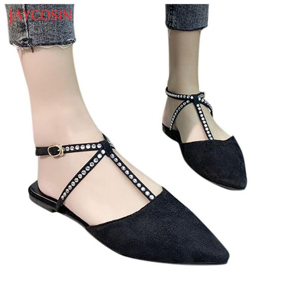 

Jaycosin Fashion Women Pointed Toe Flat Sandals 2020 Summer Crystal Buckle Wedding Shoes New Flock Noble Ladies Sandals Black