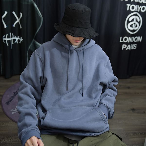

autumn new plus velvet hoodies men warm fashion solid color casual cotton hooded pullover streetwear hip hop loose sweatshirt, Black