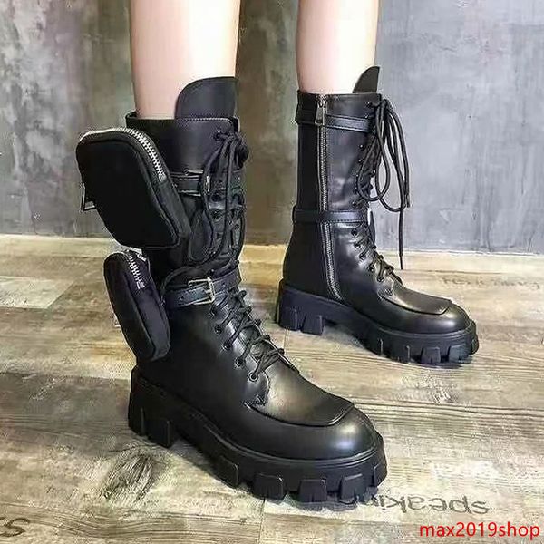 

2019 autumn and winterpradanew muffin thick-bottomed tube martin boots military boots leather locomotive fashion lace-up booties