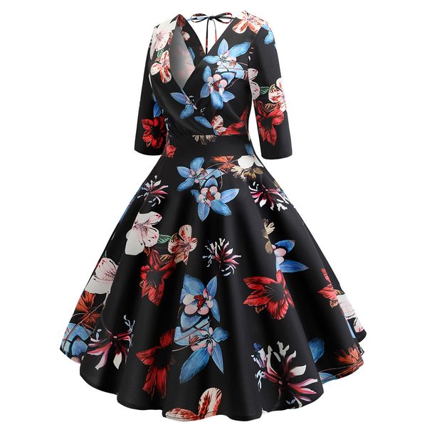 

summer dress 2019 high-end elegant dress regular polyester women's vintage prom party v-neck printed sleeve back tie, Black;gray