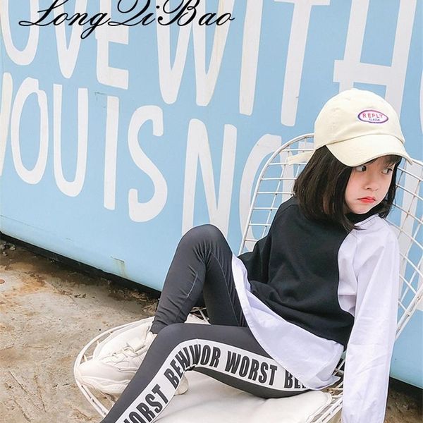 

girls fashion fake two piece mosaic sweater 2019 spring new korean version of the children loose hooded personality shirt tide, Black