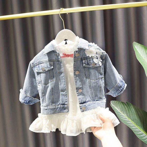 

thunderers summer clothes for baby girls fashion flower denim jacket + white simple dress 2pcs 3-7 years children's clothing set