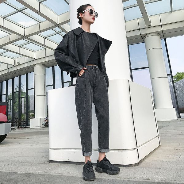 

jeans women's 2020 autumn new style korean-style baggy pants fashion high-waisted slimming loose cotton dad pants, Blue