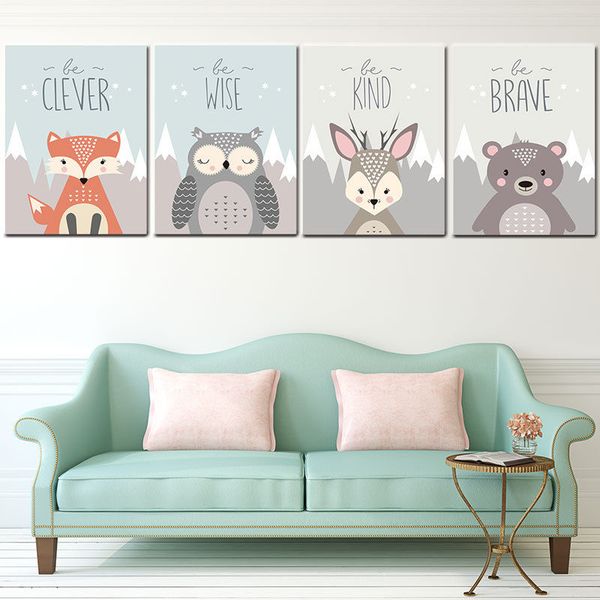 

ruoguan modern animal cartoon canvas painting spray color art poster kids baby nursery room scandinavian home decor sh-862