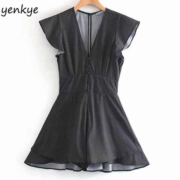 

vintage polka dot jumpsuit women short sleeve v neck ruffle hem flowy jumpsuit summer romper casual overalls mono mujer, Black;white