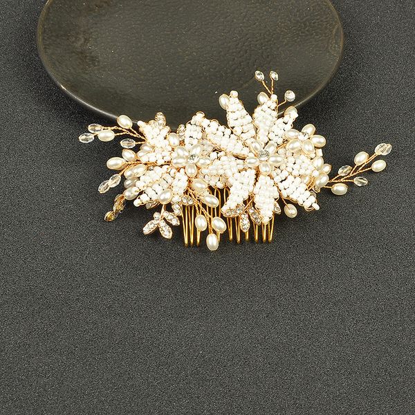 

gold color pearl flower hair combs bridal leaf rhinestone wedding hair accessories women head decoration hair ornament, Golden;white