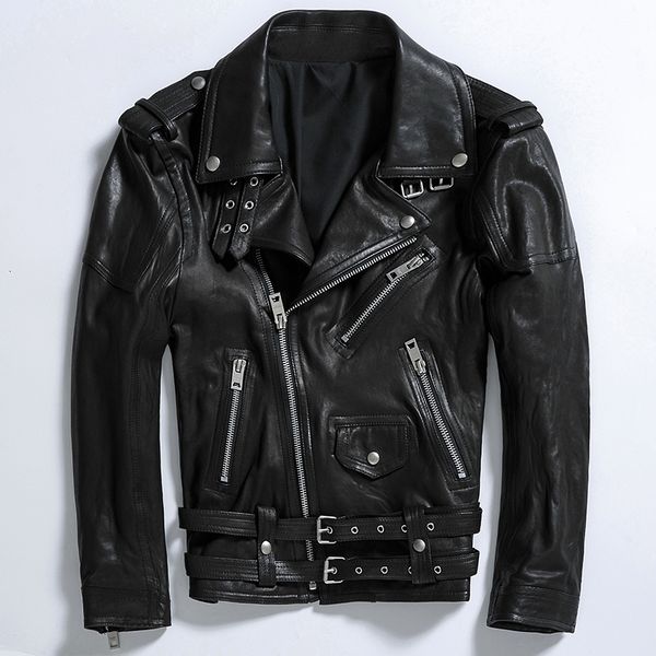 

2020 fashion genuine leather jacket men sheepskin short slim fit retro vintage turan-down collar motorcycle leather coat, Black