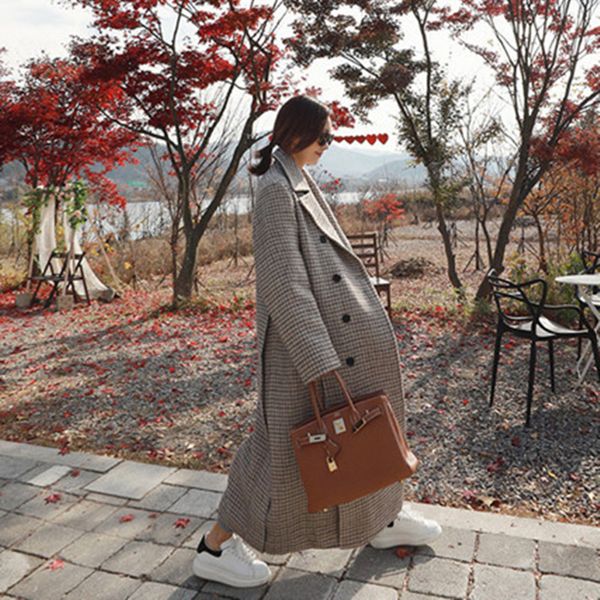 

johnature korean clothes winter coat women loose plaid outerwear 2019 new streetwear turn-down collar double breasted long coats, Black