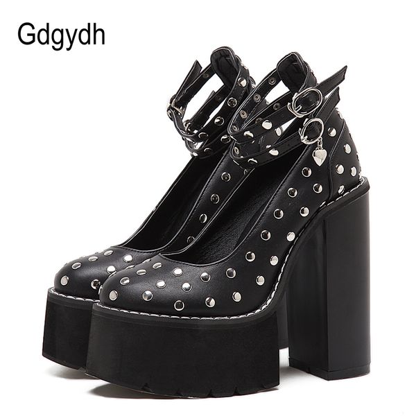 

gdgydh fashion high heels women pumps for women spring autumn round toe buckle leather shoes female platform shoes rivets 2020, Black
