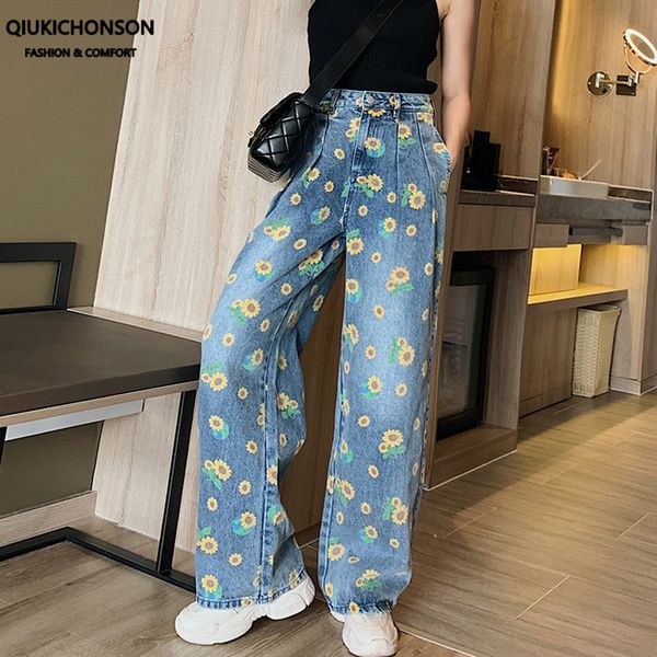 

korean streetwear cute daisy print high waisted plus size jeans women denim pants trousers ladies wide leg loose straight jeans, Blue