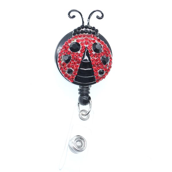 50 Pz/lotto Portachiavi Smalto Rosso Animale Insetto Coccinella ID Porta Badge Con Clip A Coccodrillo Strass bobina retrattile Nome Bobine Distintivo