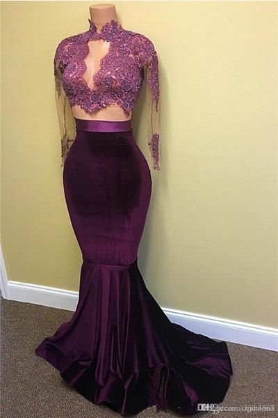 

new velvet two pieces prom dresses mermaid lace appliques beaded sheer long sleeves sweep train evening party gowns arabic celebrity aw313, Black