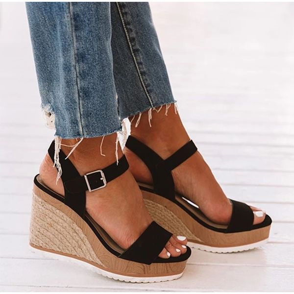 

woman ankle strap wedge sandals platform summer ladies high heels shoes women fashion straw buckle open toe casual female c13, Black